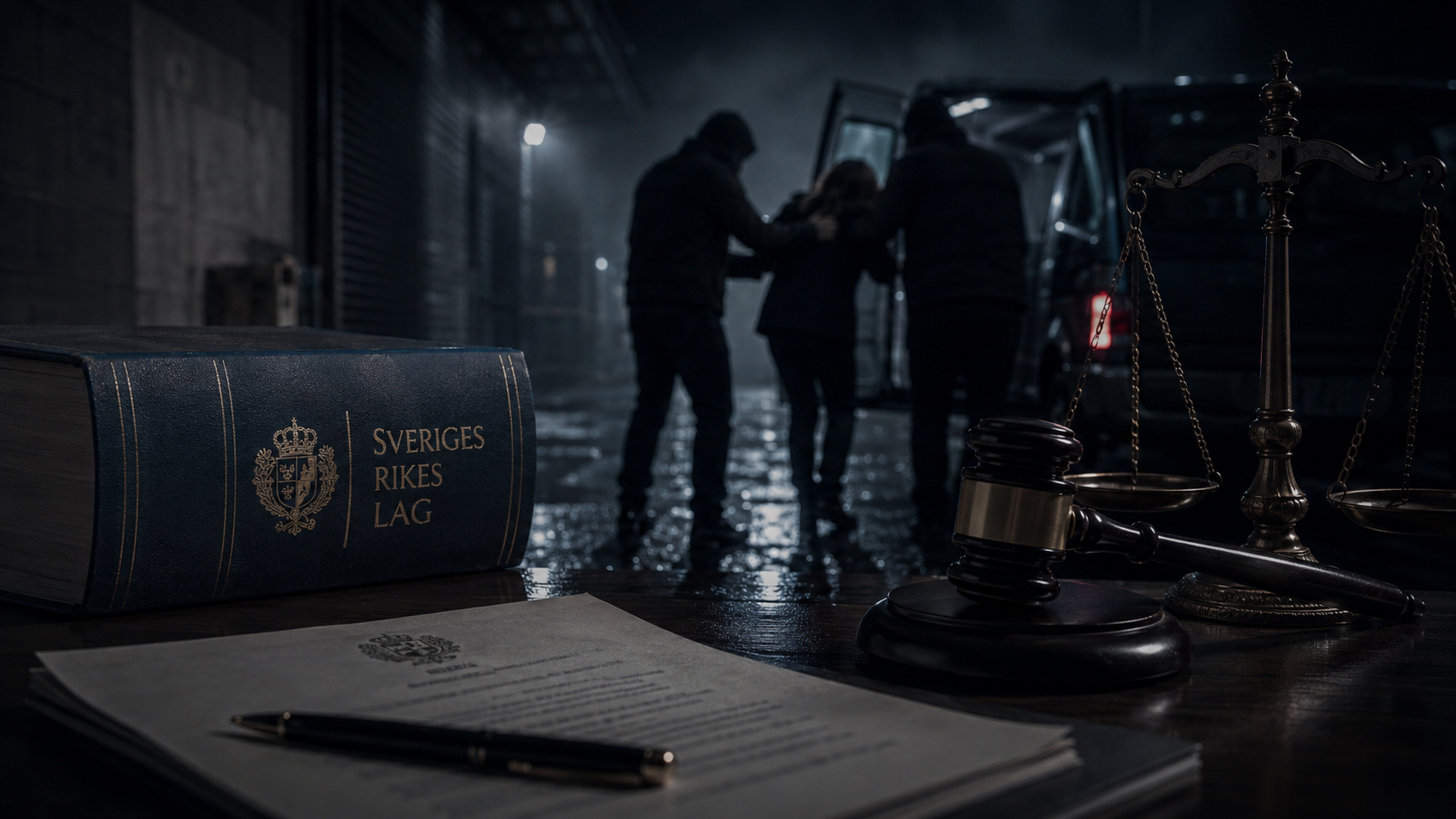 Vad är människorov? Mörk juridisk illustration om människorov med Sveriges rikes lag, domarklubba, rättvisans våg och en bortförandesituation vid en bil i bakgrunden.
